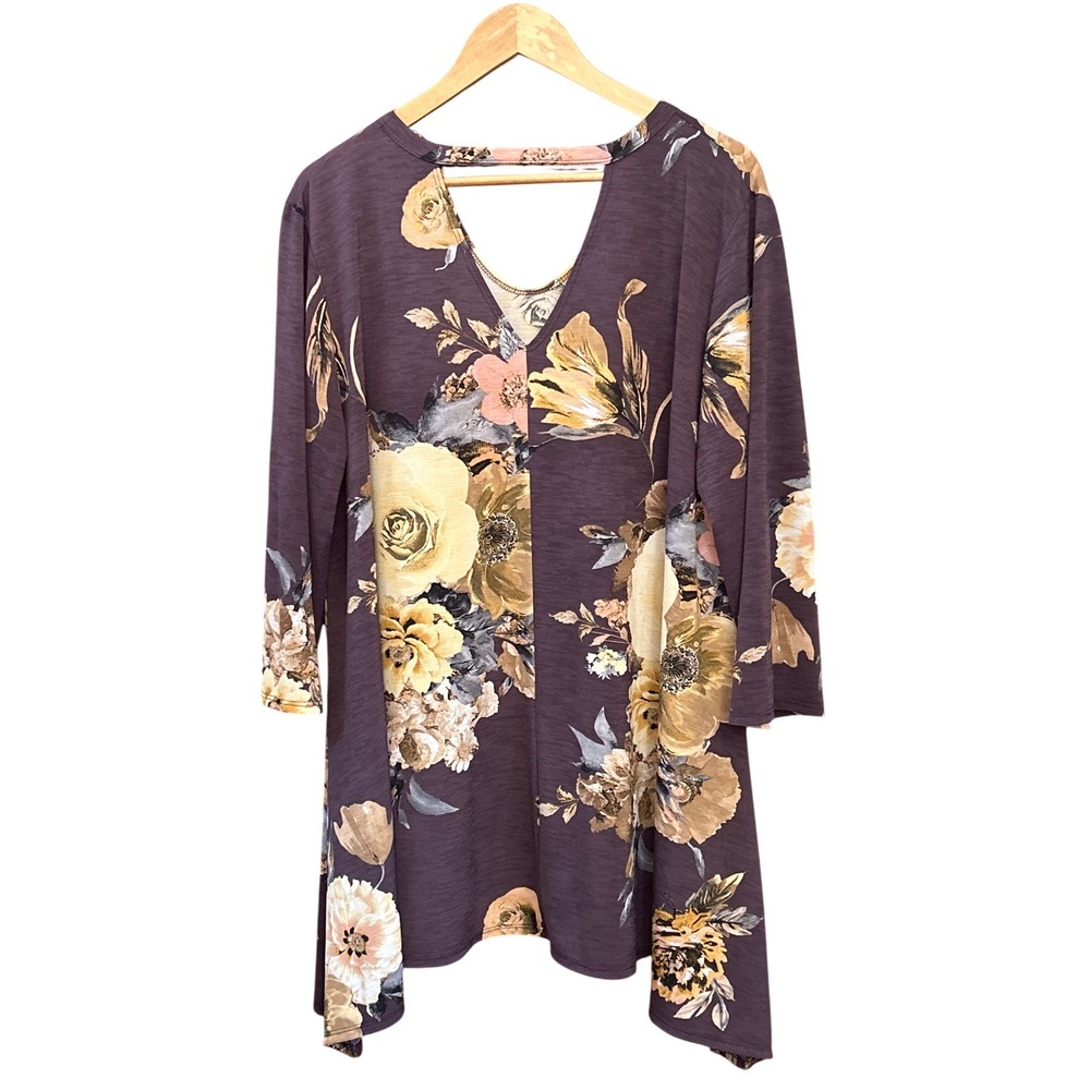 Modern L&B Floral Tunic Top Boho Cottagecore Plum Purple Sharkbite Hem Blouse 3X